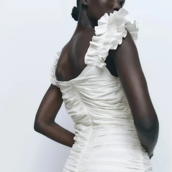 NWOT!! ZARA DRAPED LINEN BLEND ECRU CREAM RUFFLE MINI DRESS. - Picture 5 of 10